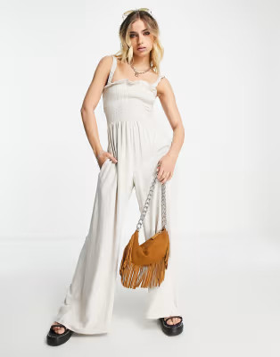 Topshop linen shirring jumpsuit in natural beige | ASOS (Global)