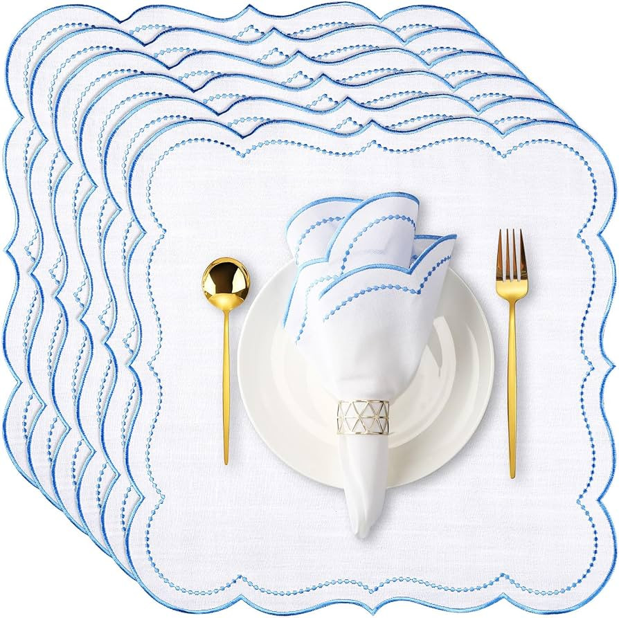 6 Set Cloth Napkins 18x18inches Scalloped Embroidery Cloth Napkins Washable Polyester Table Dinne... | Amazon (US)