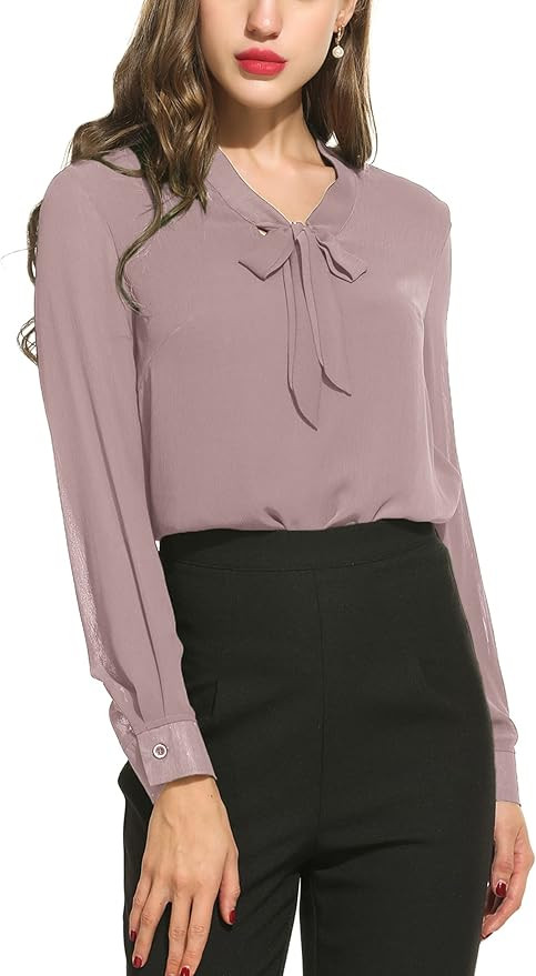ACEVOG Chiffon Blouses for Women Dressy Bow Tie Neck Long Sleeve Work Shirt Formal Casual Wear | Amazon (US)