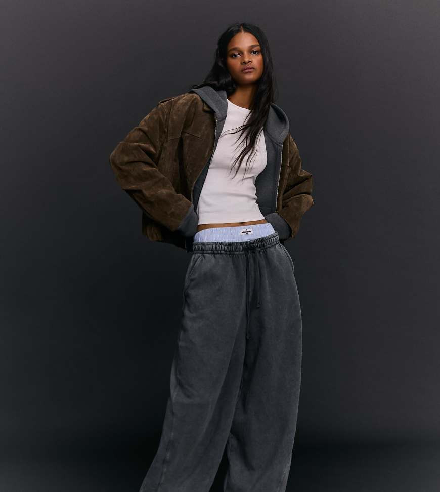 Bershka Petite barrel plush trousers with stoppers in dark grey | ASOS (Global)
