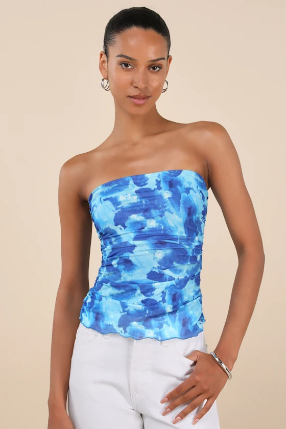 Maylin Blue Abstract Print Mesh Strapless Top | Lulus