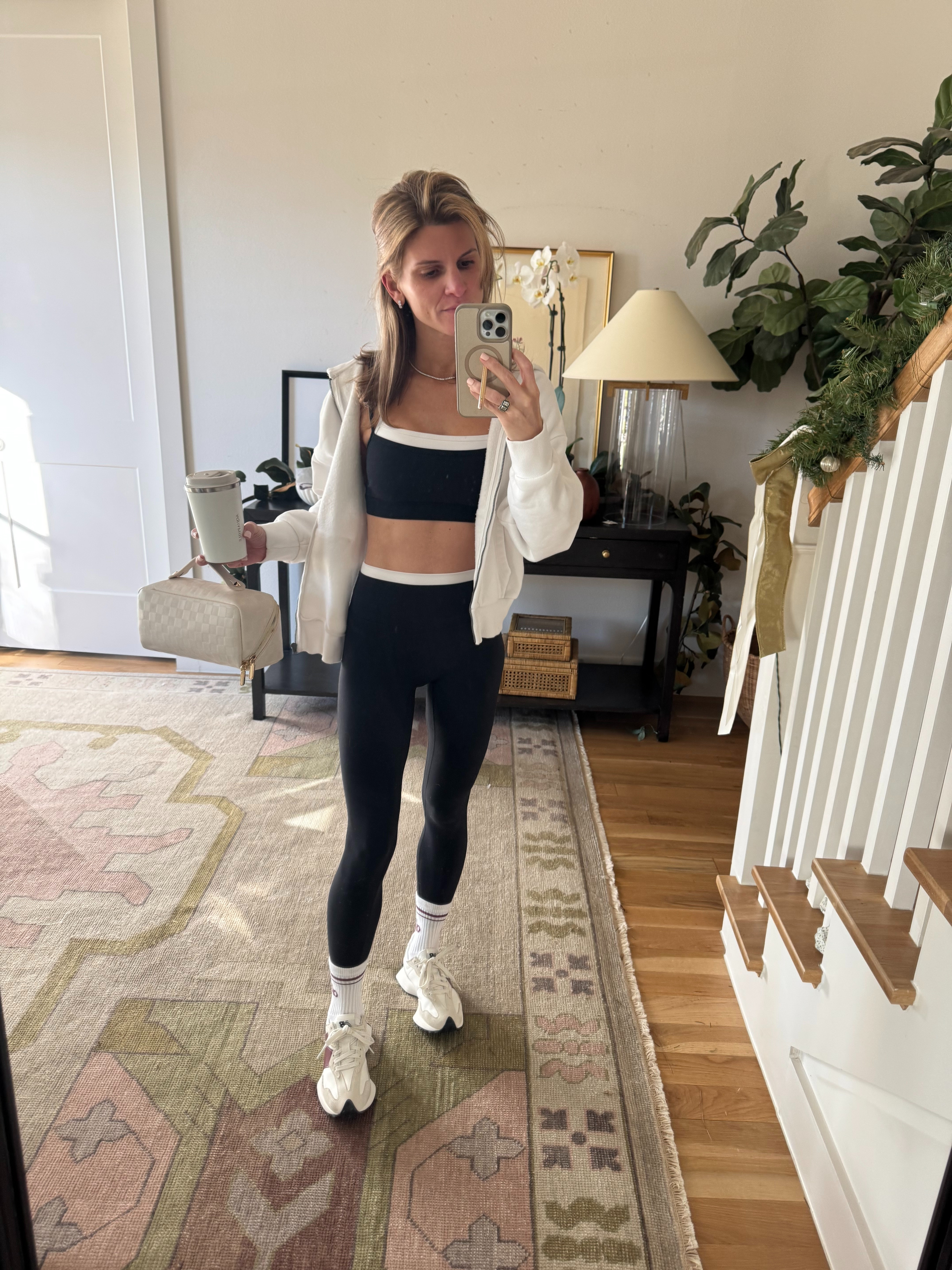 Abercrombie YPB Athletic Set - wearing XS in both (short in leggings). Vuori cropped zip up - wearing S. 

 