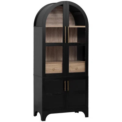 71" Two-Tone Arched Storage Cabinet with Glass Doors & Drawer - Black & Brown Hutch for Dining Room | Wayfair North America