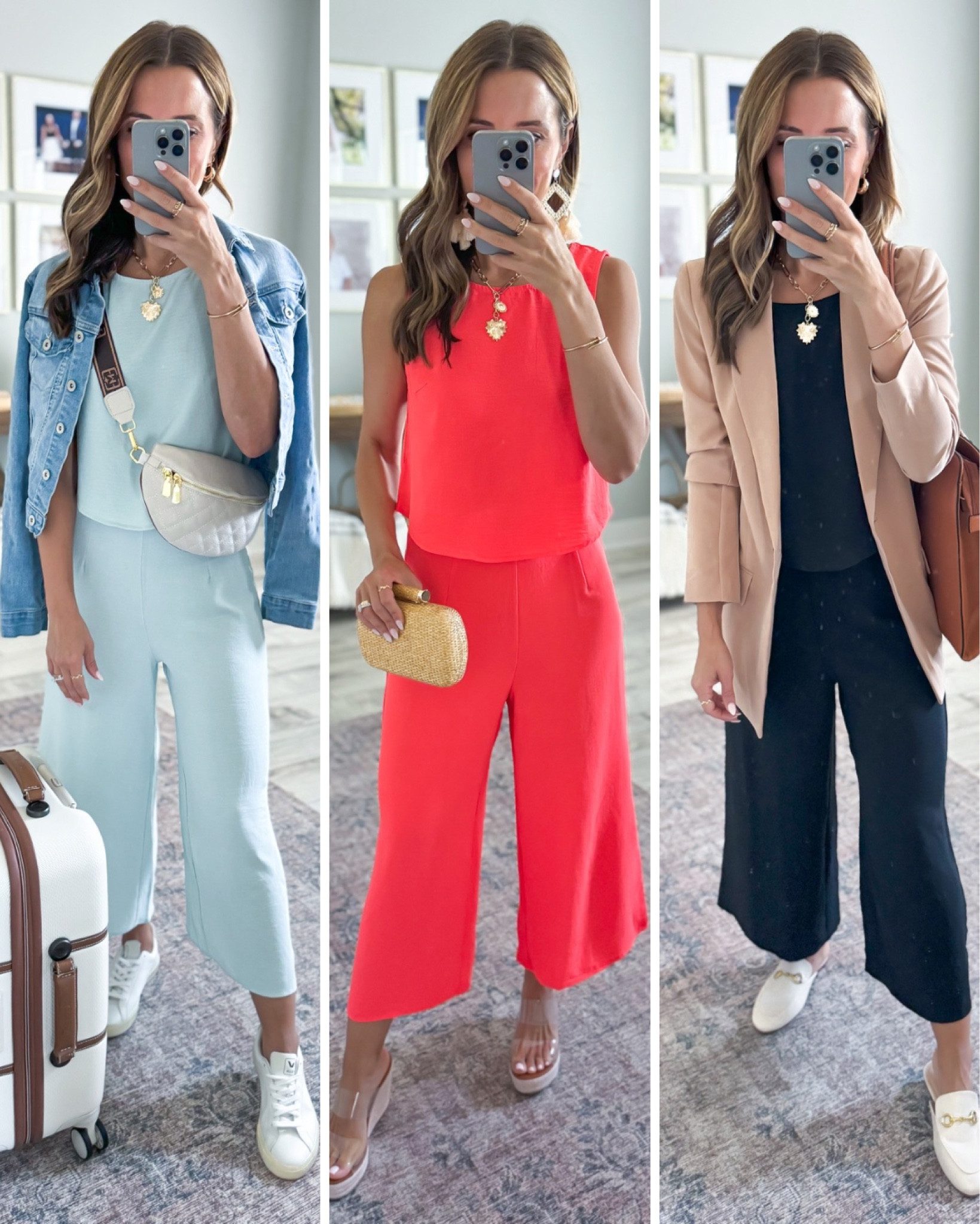 Amazon wide leg pants set in XS, colors are black, light cyan and bright orange. Fabric is light and breezy! I am 5’3 and it comes just above my ankles. Travel outfit. Summer outfit. Business casual. Vacation outfit. Resort wear. Europe outfit. Shoes are TTS. 

#LTKTravel #LTKShoeCrush #LTKFindsUnder50