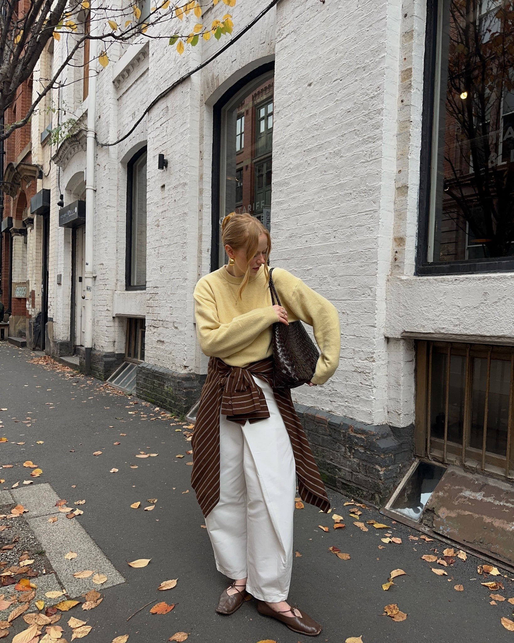 Yellow Jumper, Knitwear, H&M, Cosy, White Trousers, Barrel Leg, Alohas, Brown Ballet Flats, Dragon Diffusion Bag 

#LTKautumn #LTKeurope #LTKuk