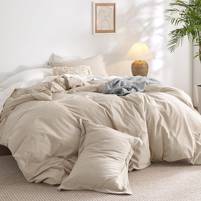 Bedsure 100% Washed Cotton Duvet Cover King Size - Beige Minimalist Cotton Duvet Cover Set Linen ... | Amazon (US)