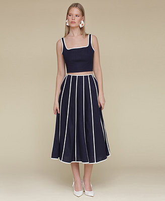 Women's Contrast-Trim Linen-Blend Crop Top & Contrast-Trim Linen-Blend Midi Skirt | Macy's