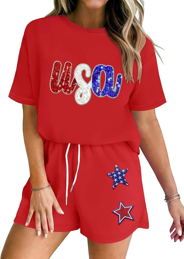 4th of July 2 Piece Outfits for Women Patriotic Shirts USA Short Sets Sequin Stars and Stripes Lo... | Amazon (US)