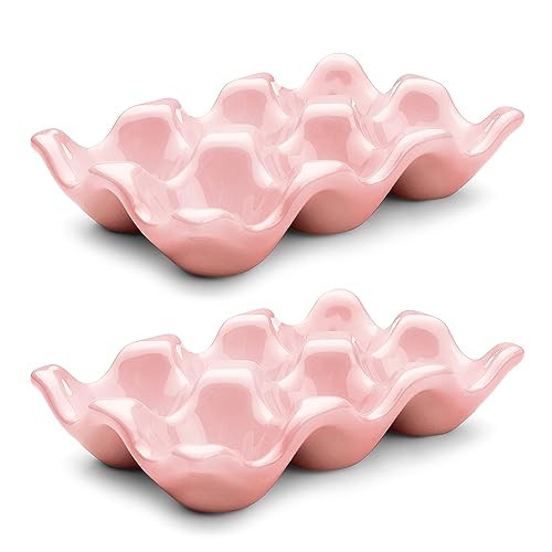 Flexzion Porcelain Egg Crate - 6-Egg Capacity Ceramic Egg Tray, Half Dozen Egg Holder for Fridge, Countertop Display - Pink Decorative Serving Dish and Storage Organizer, 2 Pack | Amazon (US)