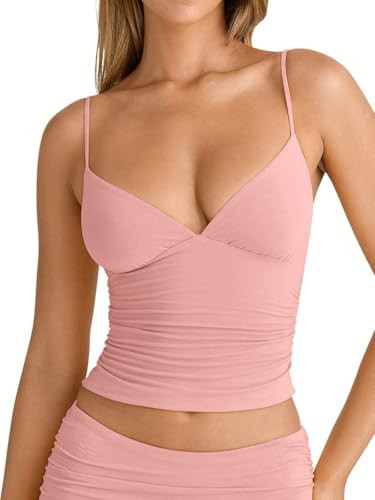 PINKMSTYLE Women's Sexy V Neck Ruched Cami Top Sleeveless Spaghetti Double Layer Fitted Crop Tank Tops Pink Small | Amazon (US)