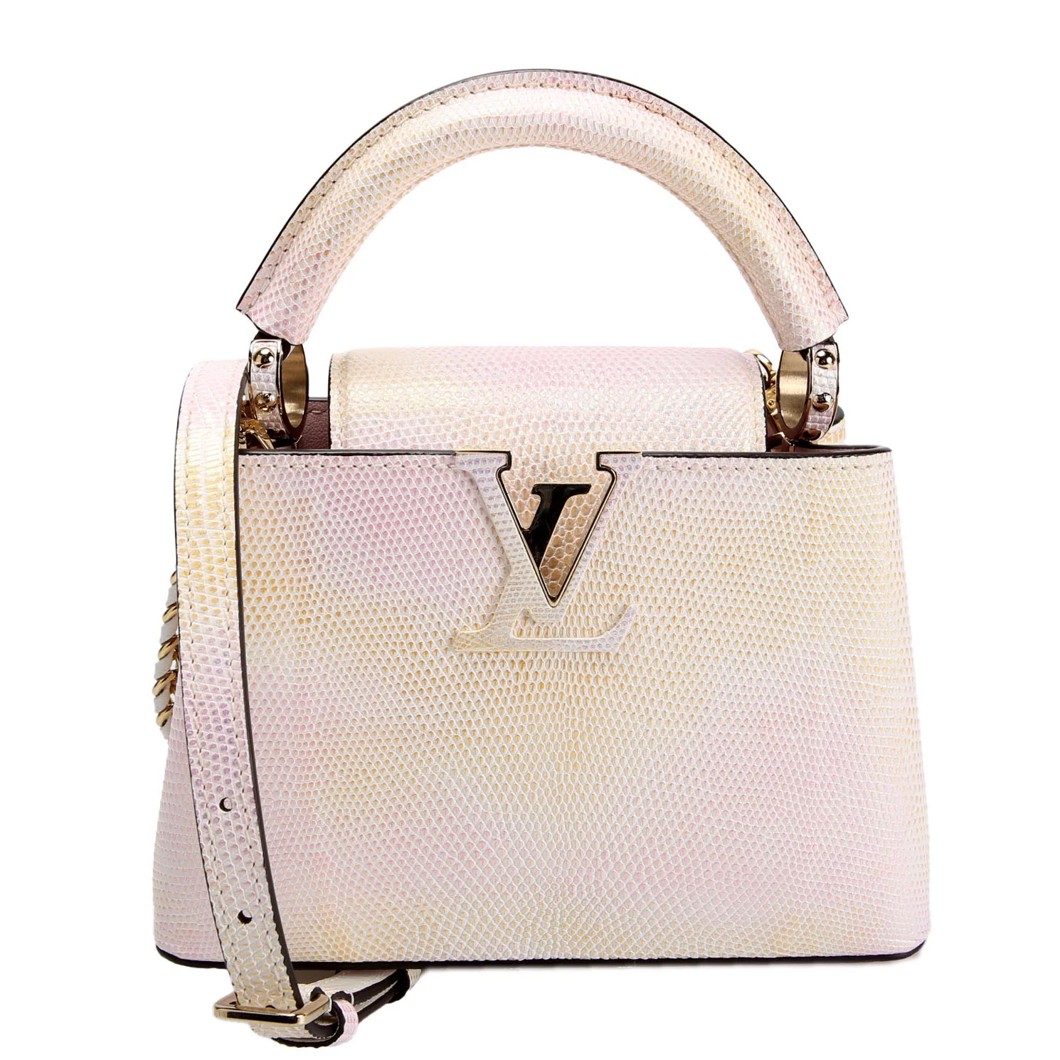 Capucines Mini Metallic Lizard Pink | Keeks Designer Handbags