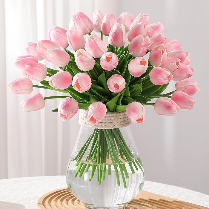 24 Pcs Artificial Tulips PU Faux Flowers, Red Real Touch Fake Tulips for Valentine's Day Spring E... | Amazon (US)