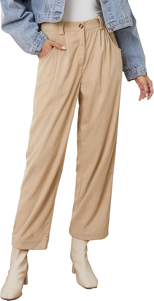 Women's Elastic High Waisted Corduroy Pants Comfy Straight Leg Trousers with Pockets Plus Size | Amazon (US)