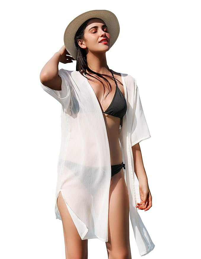 La Carrie Women's Solid Chiffon Cover Up Kimono Cardigan with Half Sleeve Summer Sheer Beachwear ... | Amazon (US)