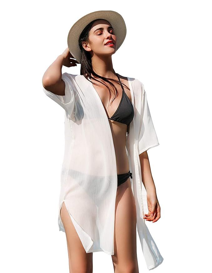 La Carrie Women's Solid Chiffon Cover Up Kimono Cardigan with Half Sleeve Summer Sheer Beachwear ... | Amazon (US)