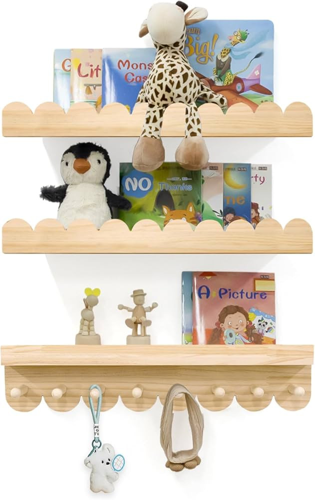 Floating Nursery Book Shelves with Hooks-20Inches Scalloped Shelves for Bedroom Kids Set of 3, Nu... | Amazon (US)