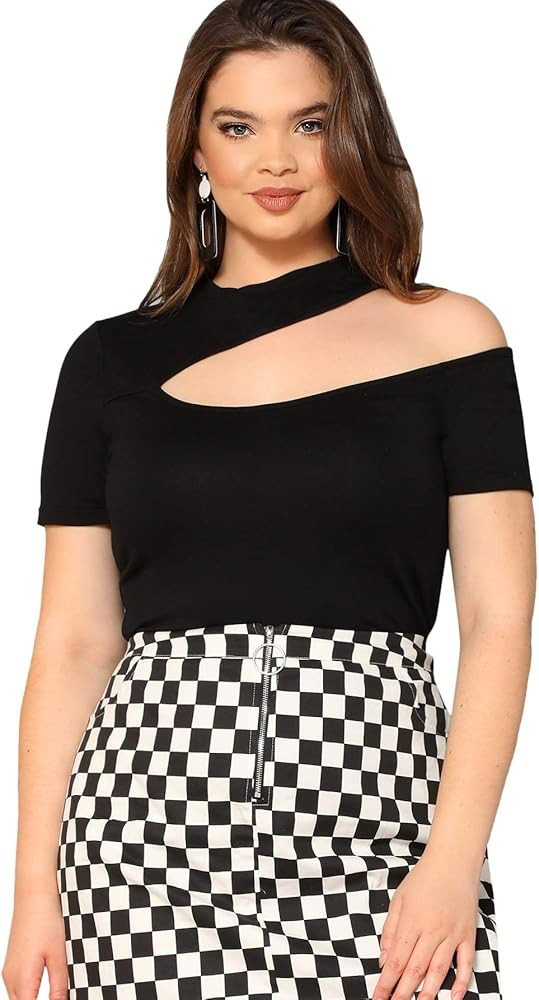 SheIn Women's Sexy One Shoulder Short Sleeve Slim Fit Cut Out Tee Top T-Shirts | Amazon (US)