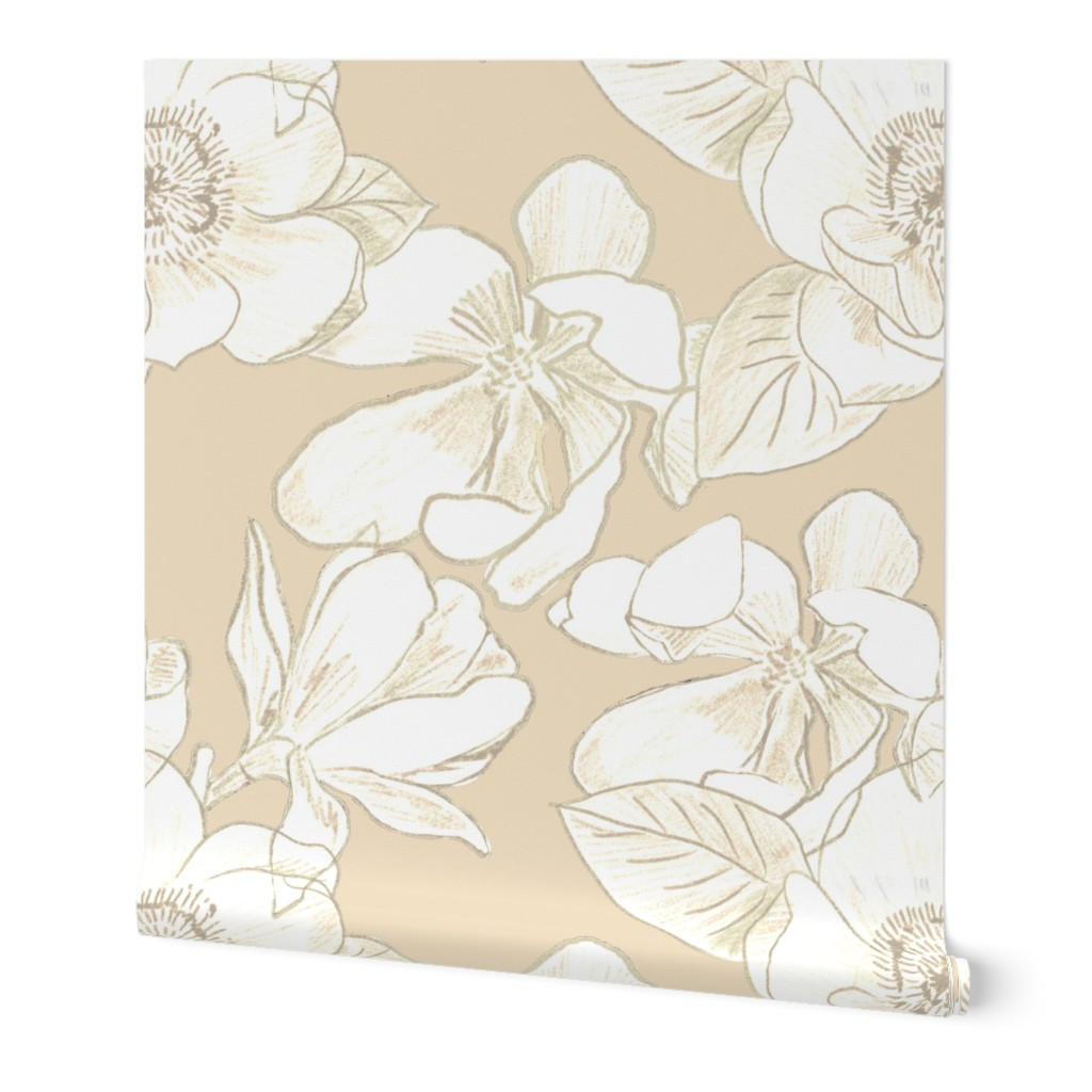 Magnolias in Neutral Shades with Creamy off white floral Wallpaper | Spoonflower | Spoonflower