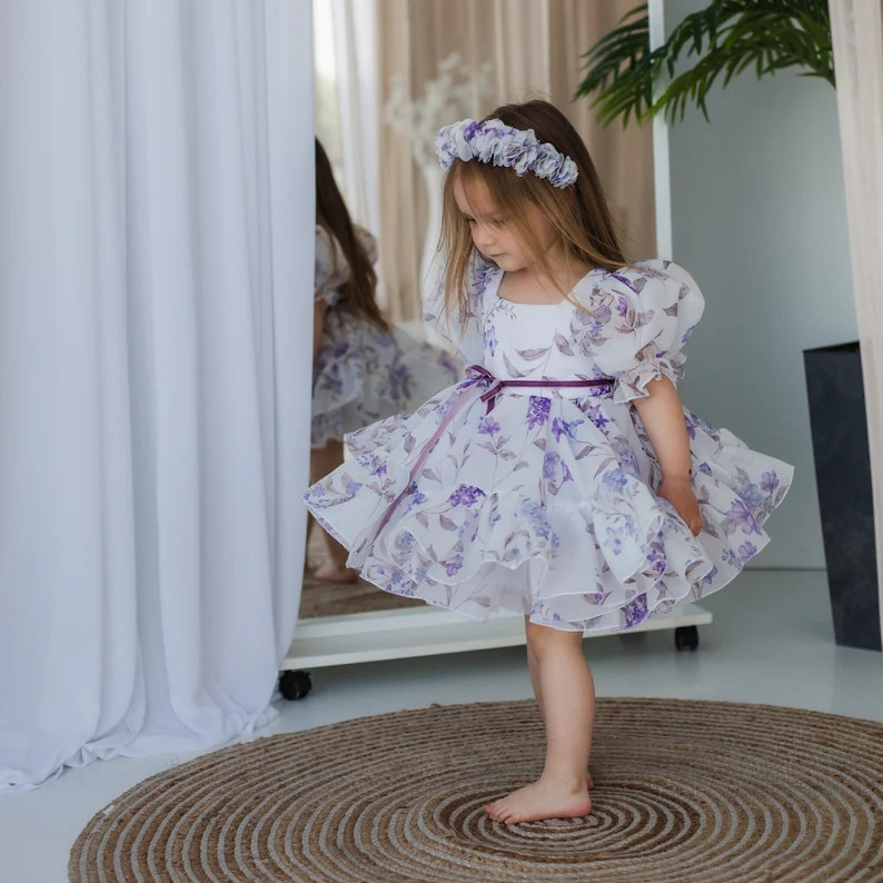 Purple & White Floral Print Birthday Girl Dress, Flower Girl Dress, Puffy Sleeve, Toddler Dress, ... | Etsy (US)