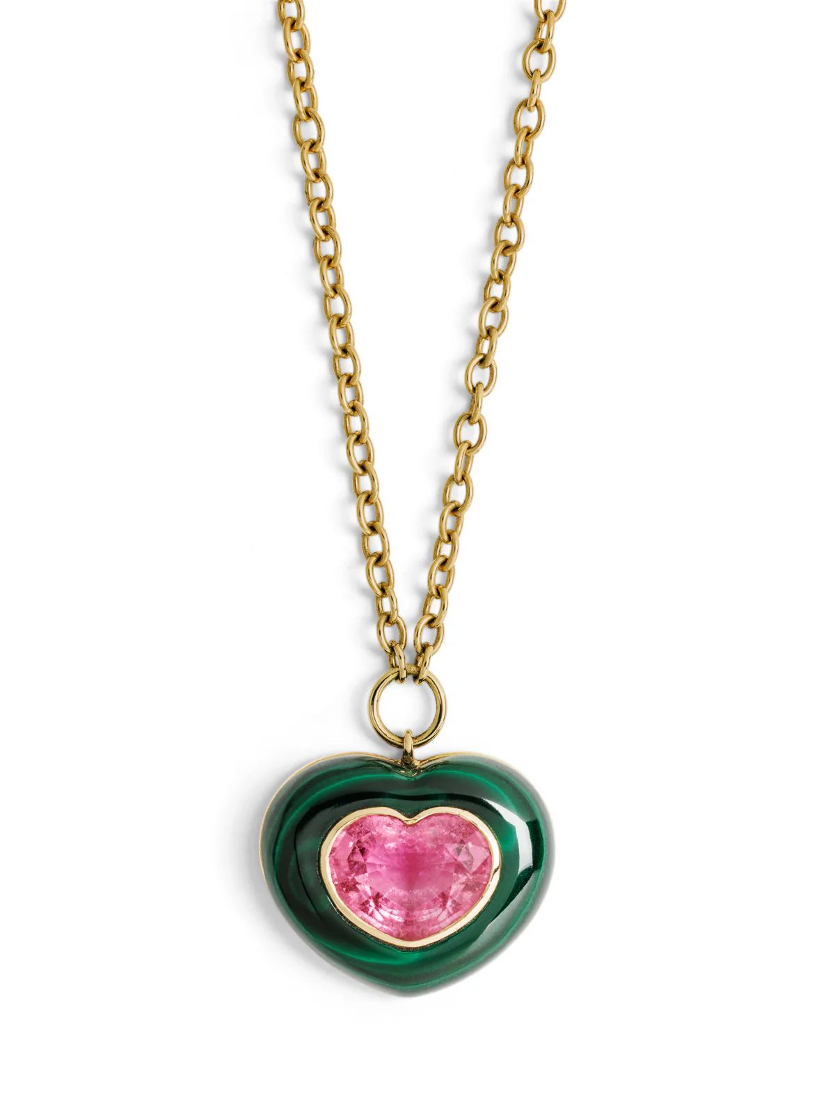 Malachite & Pink Tourmaline Lollipop Yellow Gold Pendant Necklace | YLANG 23