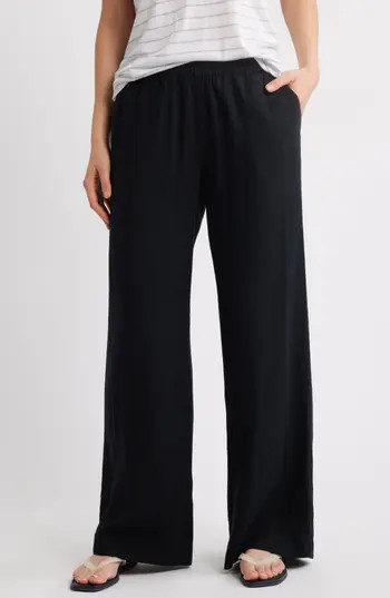 Caslon® Wide Leg Pull-On Linen Blend Pants in Black at Nordstrom Rack, Size Small | Nordstrom Rack