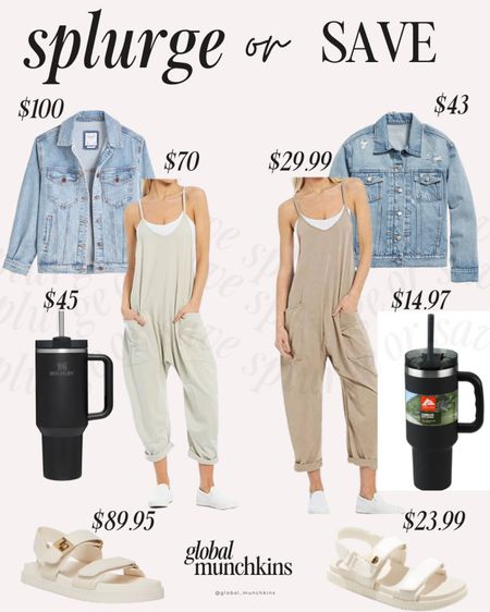 Splurge or Save outfits! I love this free people romper is perfect for summer and the Jean jacket for night. These Steve Madden sandals are so cute and I found a dupe at Target that are 20% off right now too! And the Walmart Stanley dupe! 

#LTKsalealert #LTKstyletip #LTKFind