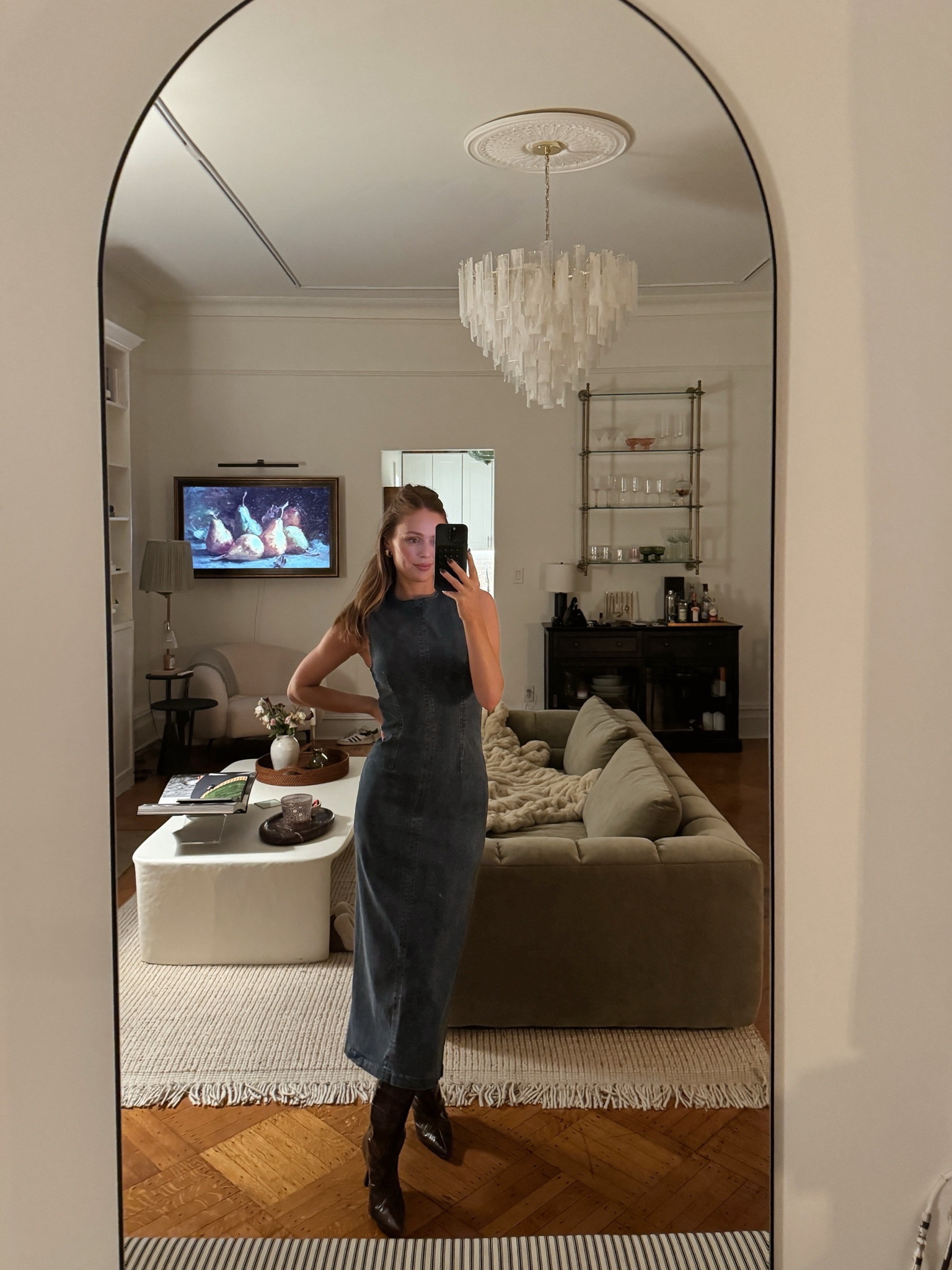 My favorite denim midi dress! Such a classic silhouette, I’ve had this dress for two years, and I always reach for it. Looks fabulous in the summer with a pair of stripy sandals, or in the full winter with a pair of boots.