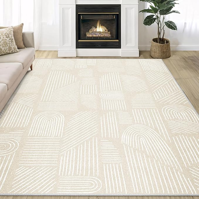 MUJOO 5x7 Washable Area Rug,Mid Century Modern Abstract Non Slip Low Pile Rug,Neutral Beige and W... | Amazon (US)