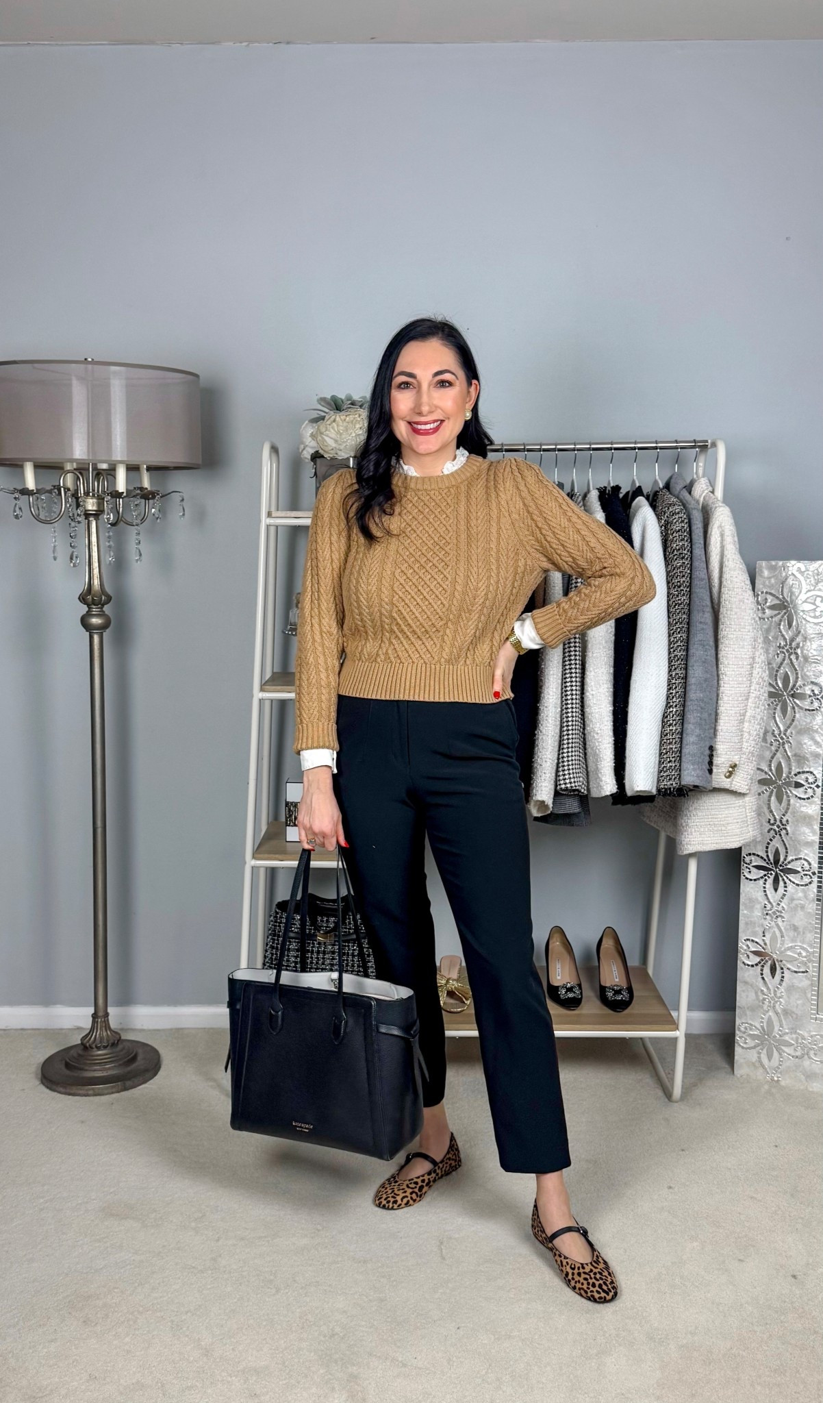 Neutral business casual work outfit 🤎🖤

Tan cable knit sweater 
Ivory blouse size small, TTS
Black pants 
Leopard Mary Jane flats size 7, TTS

Work wear 
Office outfit 

#LTKSaleAlert #LTKWorkwear #LTKSeasonal