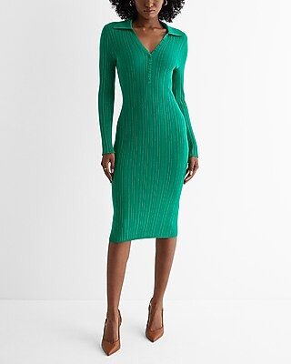 Ribbed Long Sleeve Polo Midi Sweater Dress | Express