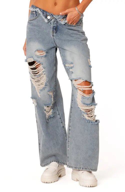 EDIKTED Foldover Low Rise Ripped Boyfriend Jeans in Light-Blue at Nordstrom, Size Large | Nordstrom