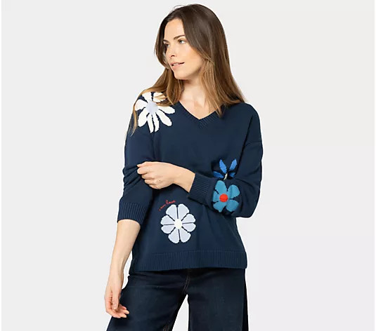 Make Your Selection: Peace Love World Garden Party Motif Cotton V-Neck Sweater | QVC