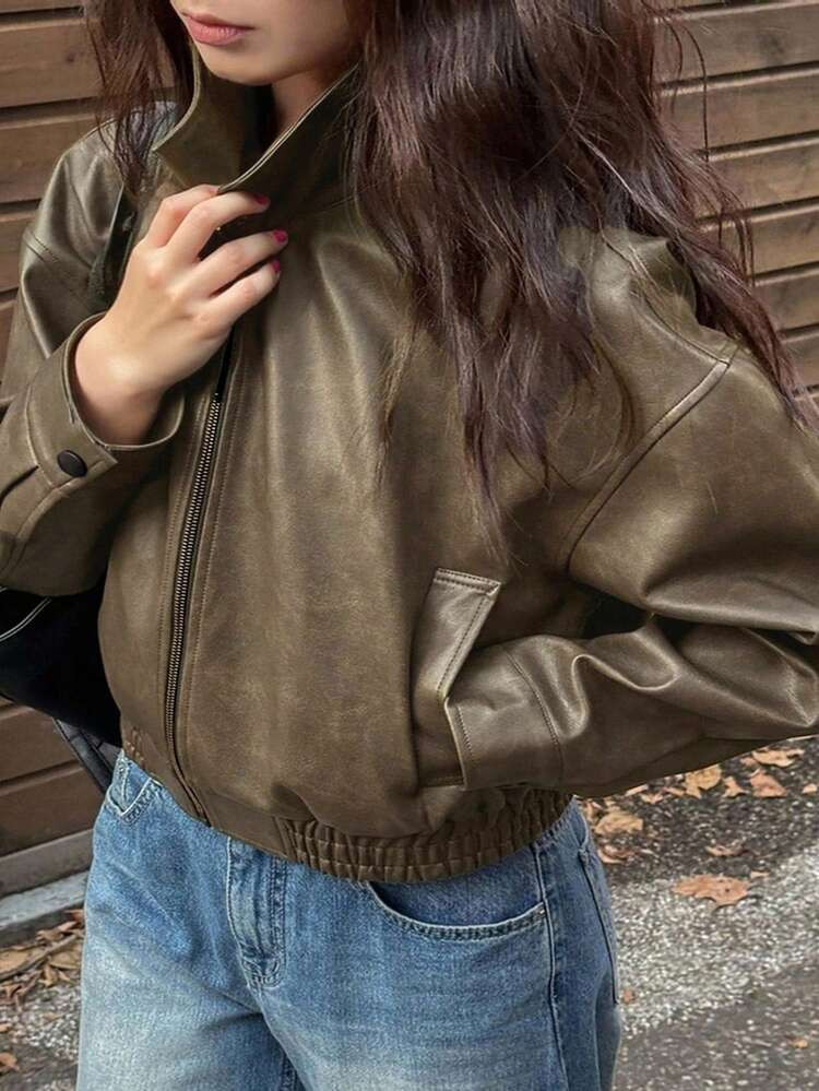 Dazy Plus Spring/Autumn New Vintage Leather Jacket, Short Style, Regular Fit, Plus Size, Suitable... | SHEIN