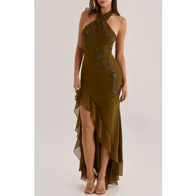 HOUSE OF CB Raquel Georgette Halter Maxi Gown in Sage at Nordstrom, Size Medium | Nordstrom