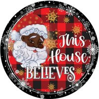 Black Santa Face Wreath Metal Sublimated Sign, Dark Skin Buffalo Plaid & Snowflakes This House Believes | Etsy (US)