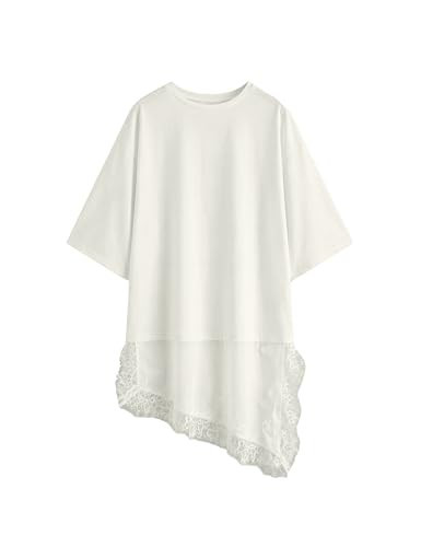 Bnigung Asymmetrical Lace Trim T-Shirt for Women Y2k Short Sleeve Layering Tops Casual Crew Neck Short Dress Streetwear(Beige-S) | Amazon (US)
