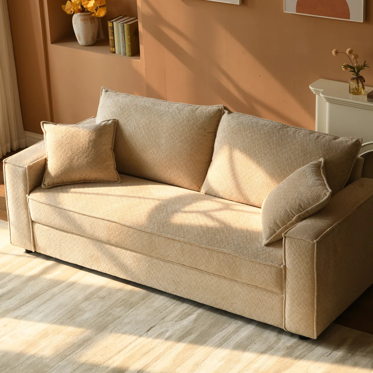 Alcantara 3-Seater 79.5'' Modern Upholstered Sofa with Square Armrests and 2 Throw Pillows | Wayfair North America