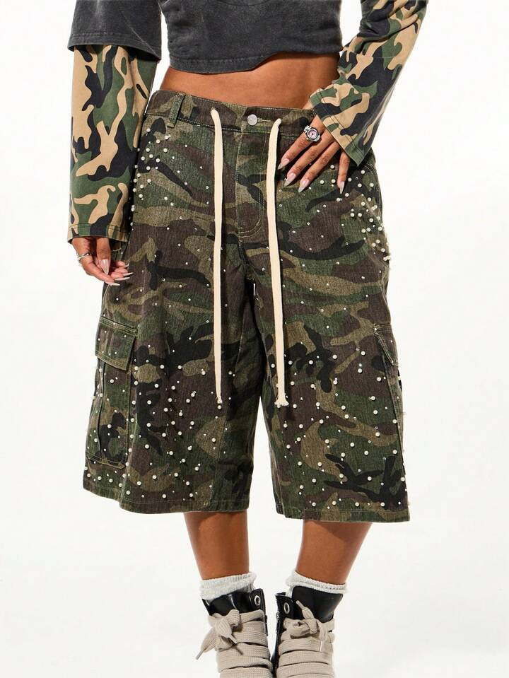 SUMWON WOMEN Camouflage Cargo Shorts With Pearl Rhinestone Embellishments Wide Leg Jorts For Festival Streetwear Summer | SHEIN