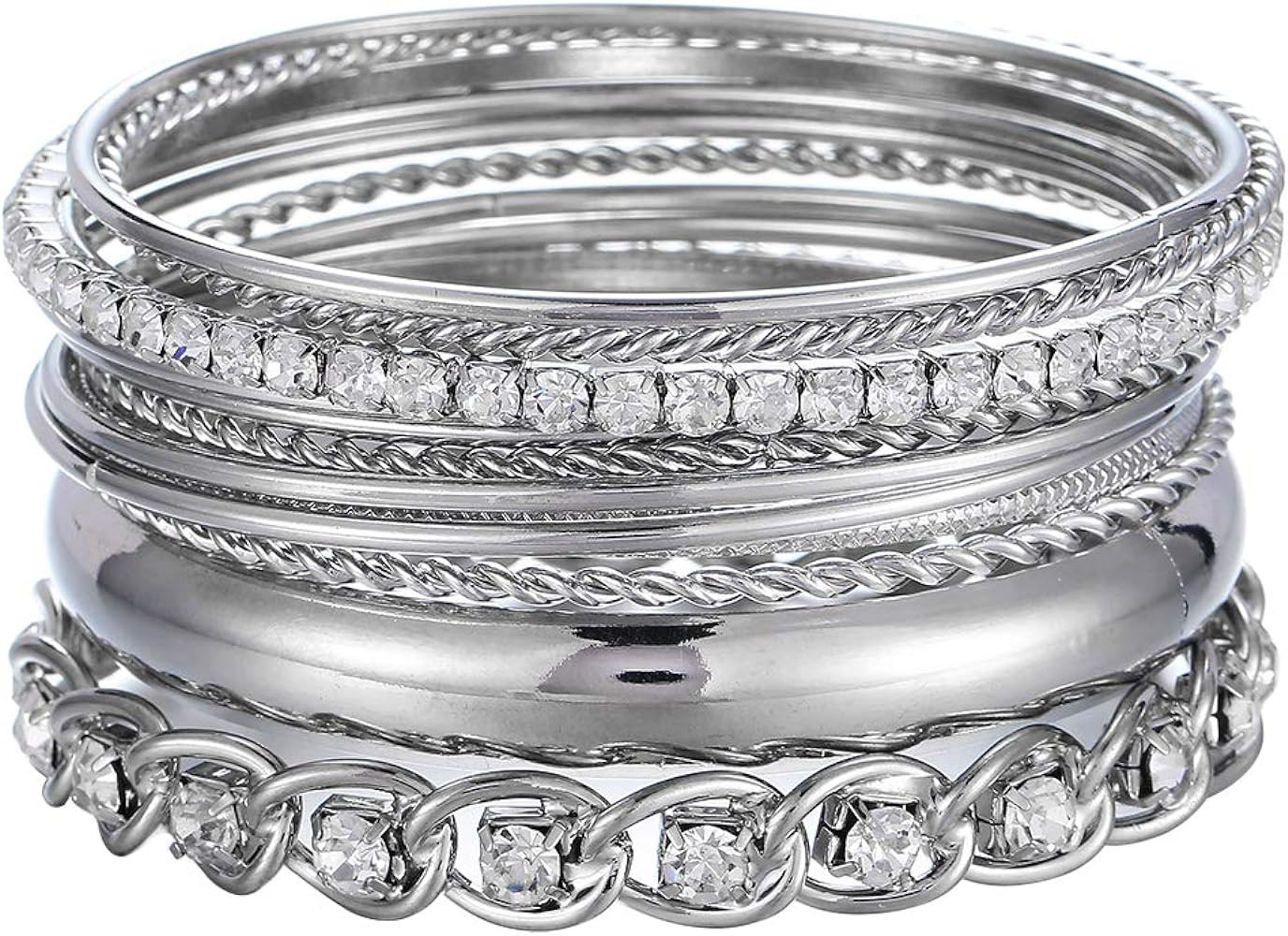 Ensoul Twisted Multiple Metal Bracelets & Bangles Set for Women 12Pcs/Set W/Clear Rhinestones | Amazon (US)