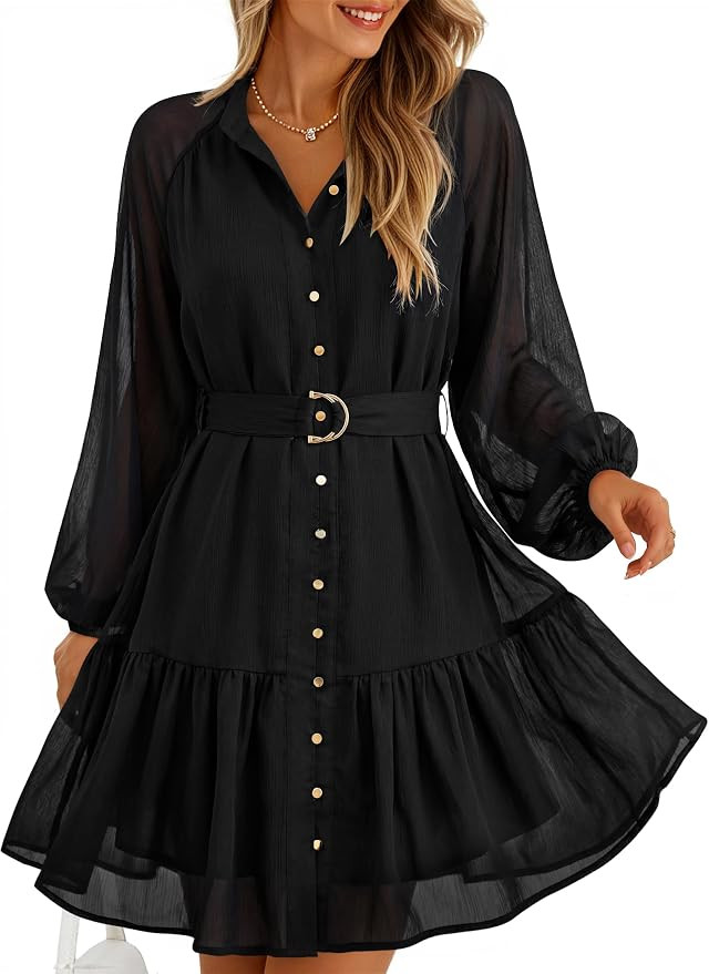 ZESICA Womens 2026 Fall Long Sleeve Floral Mini Dress | Button Down,Chiffon,Short Dress,A Line Sw... | Amazon (US)