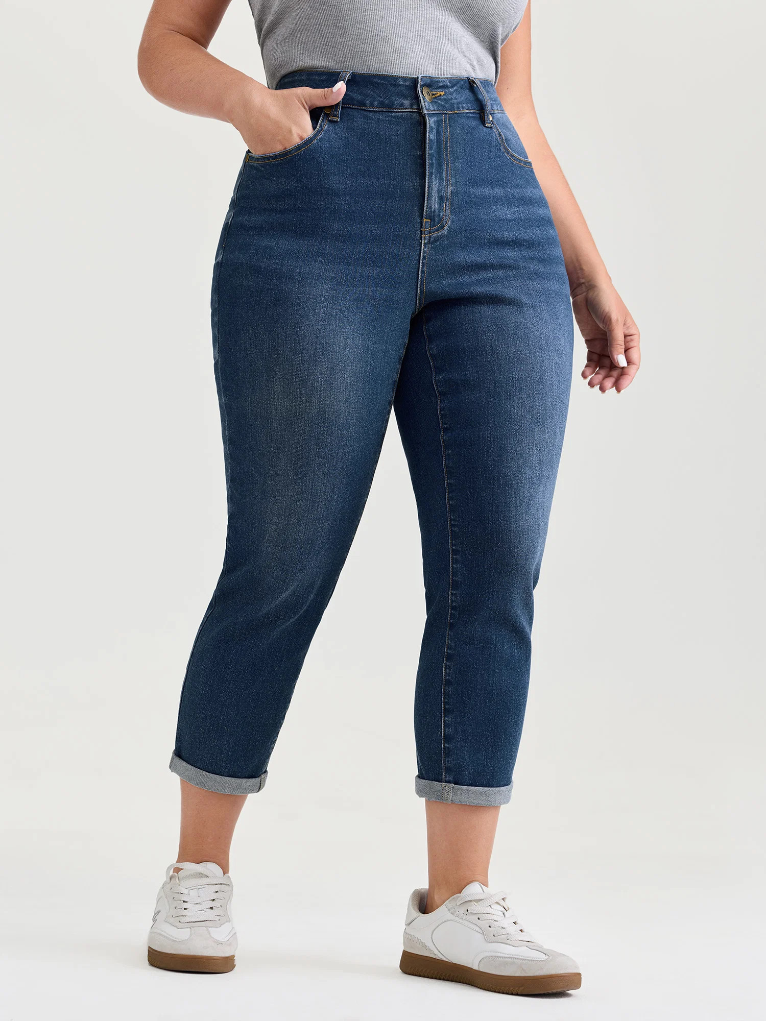 Stretchy High Rise Folded Hem Jeans | Bloomchic
