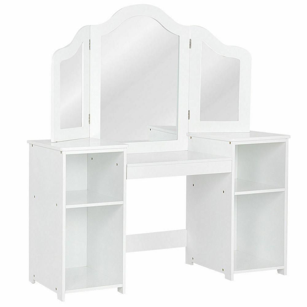 Costway White Vanity Table Set with Makeup Dressing Kids Girls Study Table Tri Folding Mirror | The Home Depot