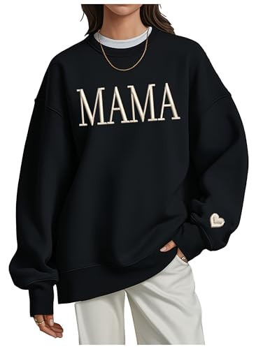 NAZENTI Mama Embroidered Crewneck Sweatshirt with Heart on Long Sleeve Fashion Pullover, Mothers day Black Embroidery Sweatshirt Mom, Gifts for Mama on Birthday, for New Mom Size M | Amazon (US)