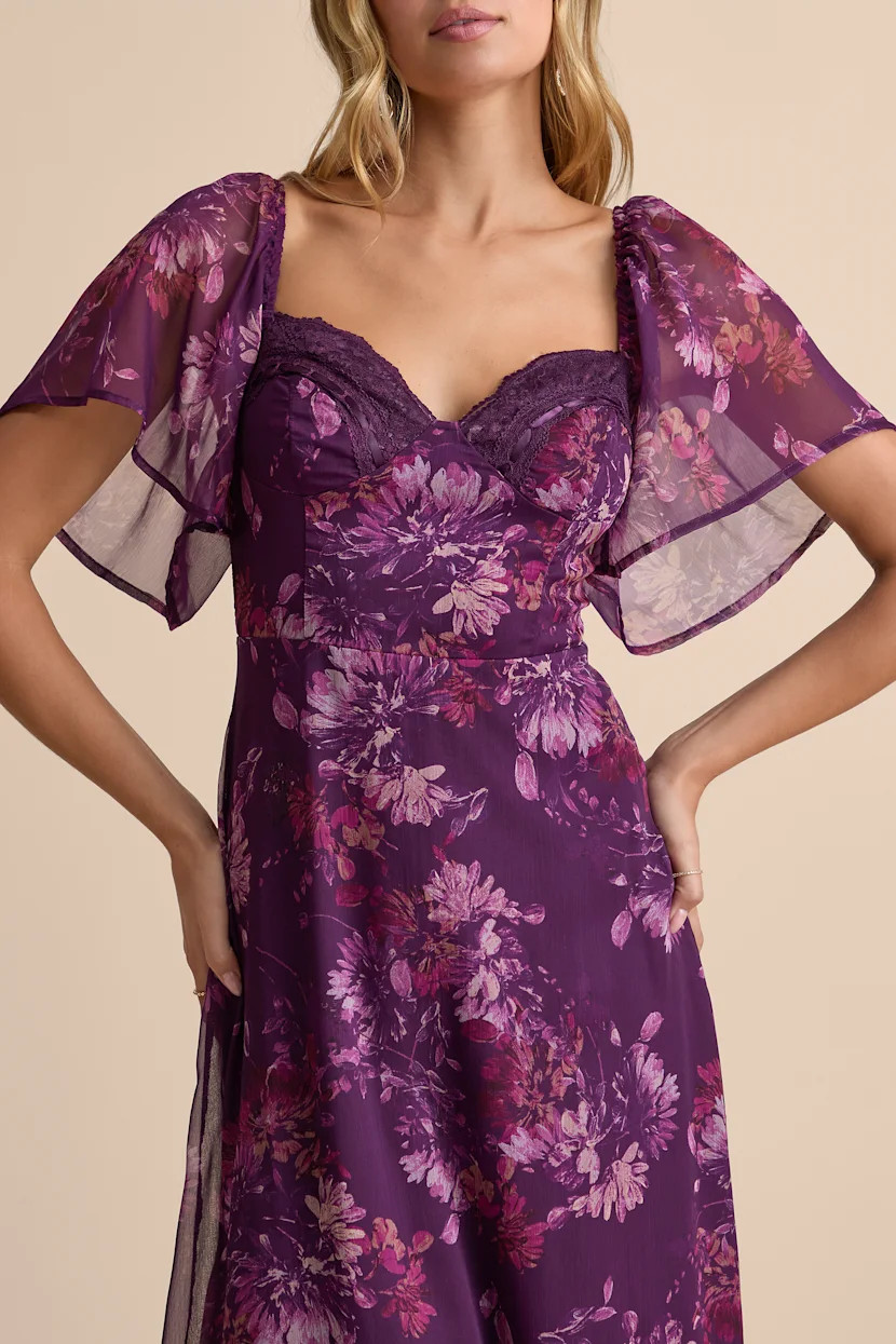 Valla Purple Floral Flutter Sleeve Midi Dress | Lulus