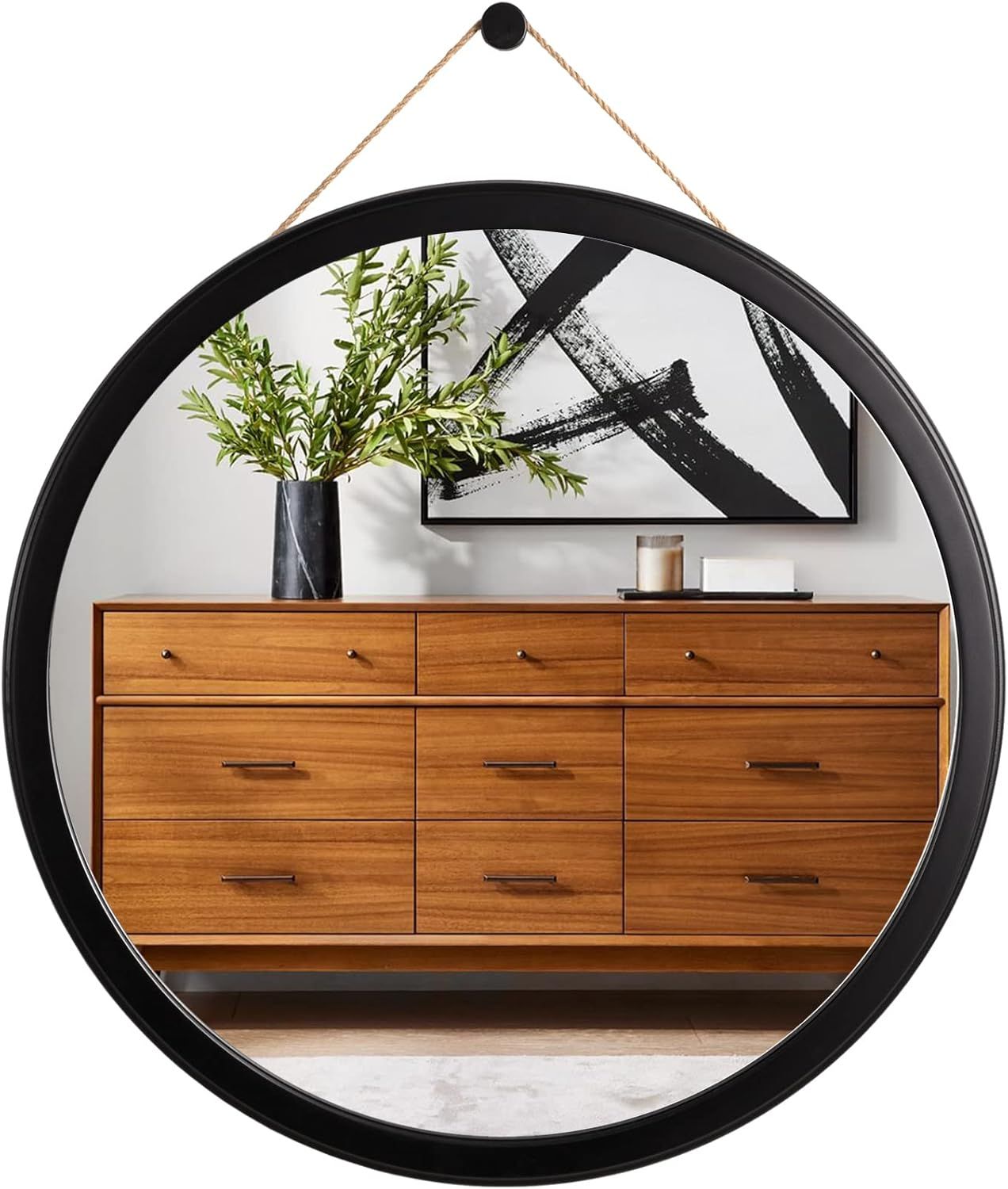 Honiway Round Mirror Black 18 inch with Bevel Wood Frame Large Circle Mirror Hanging Mirror Round... | Amazon (US)