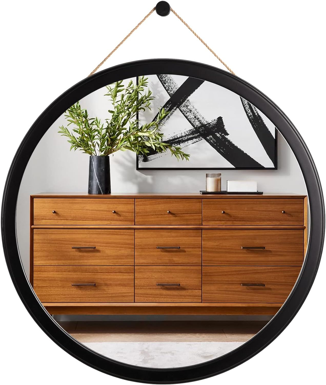 Honiway Round Mirror Black 18 inch with Bevel Wood Frame Large Circle Mirror Hanging Mirror Round... | Amazon (US)
