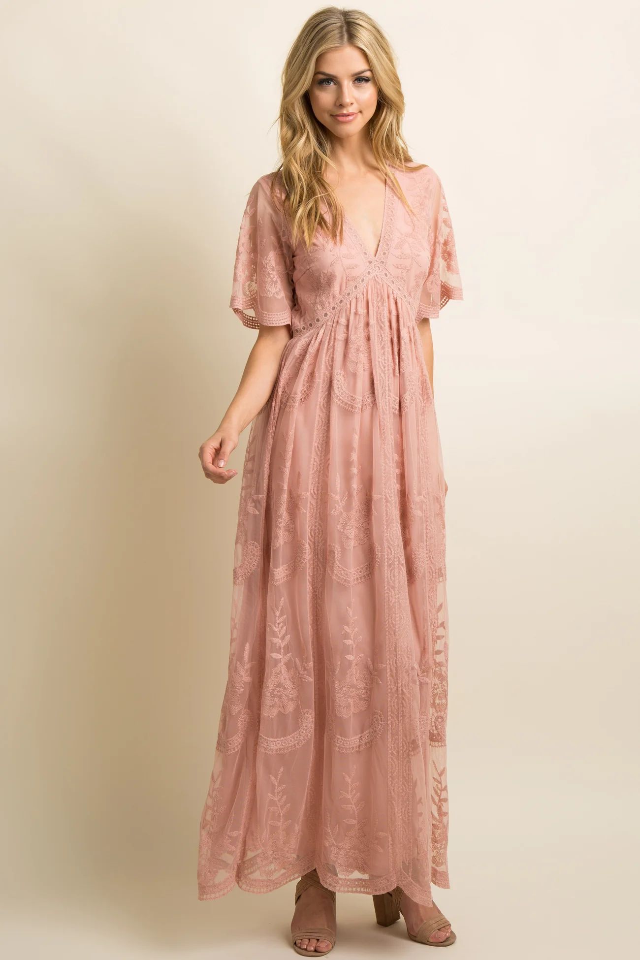 Light Pink Lace Mesh Overlay Maxi Dress | PinkBlush Maternity
