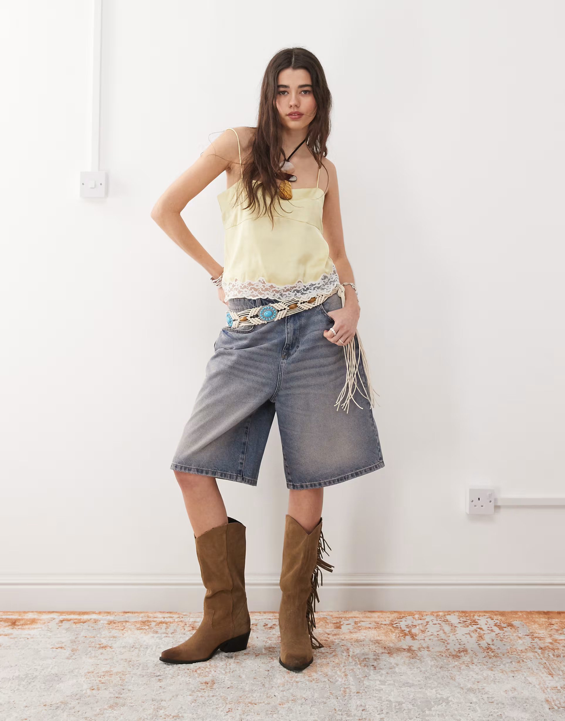Reclaimed Vintage square neck cami top with lace in butter yellow | ASOS (Global)