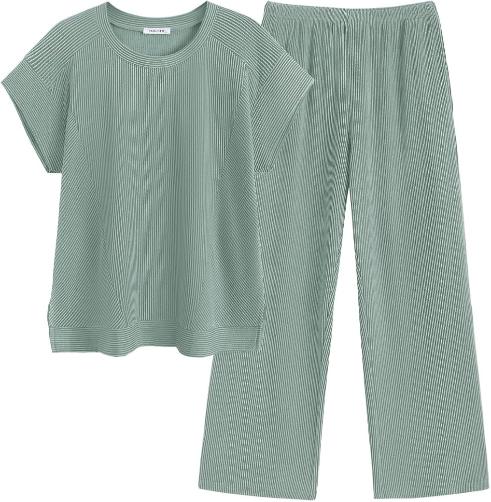Ekouaer Two Piece Sets for Women Ribbed Short Sleeve Wide Leg Pant Set     Ribbed Texture, Crew N... | Amazon (US)