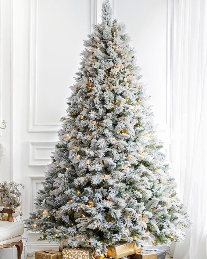 10FT Pre-lit Snow Flocked Christmas Tree Spruce, 1000 Warm White Clear Lights, Artificial Xmas Tr... | Amazon (US)